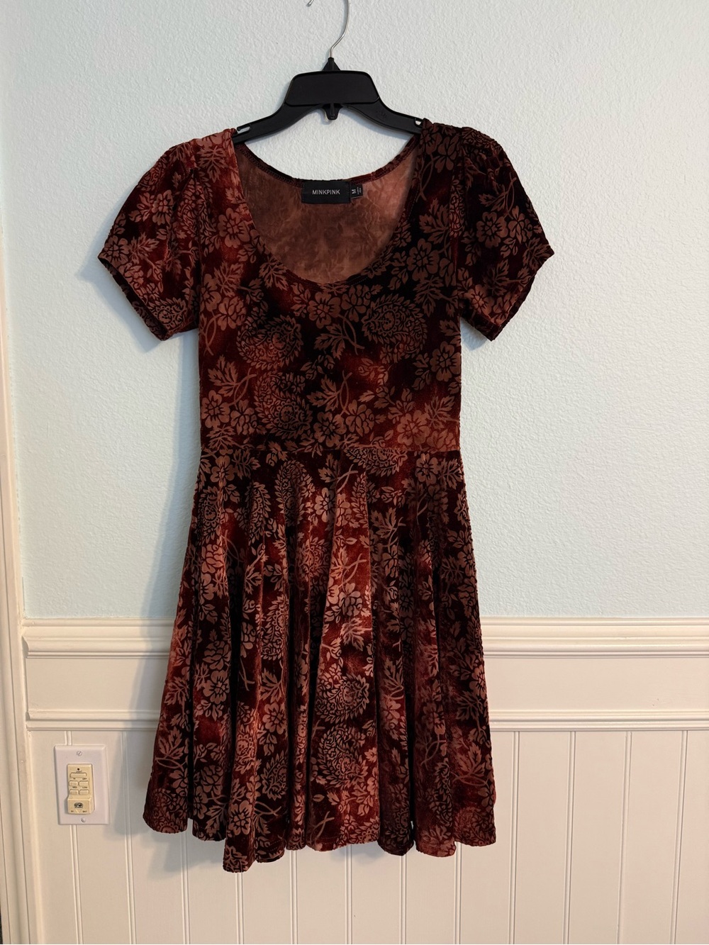 MINKPINK Burgundy Floral Burnout Velvet Mini Dress